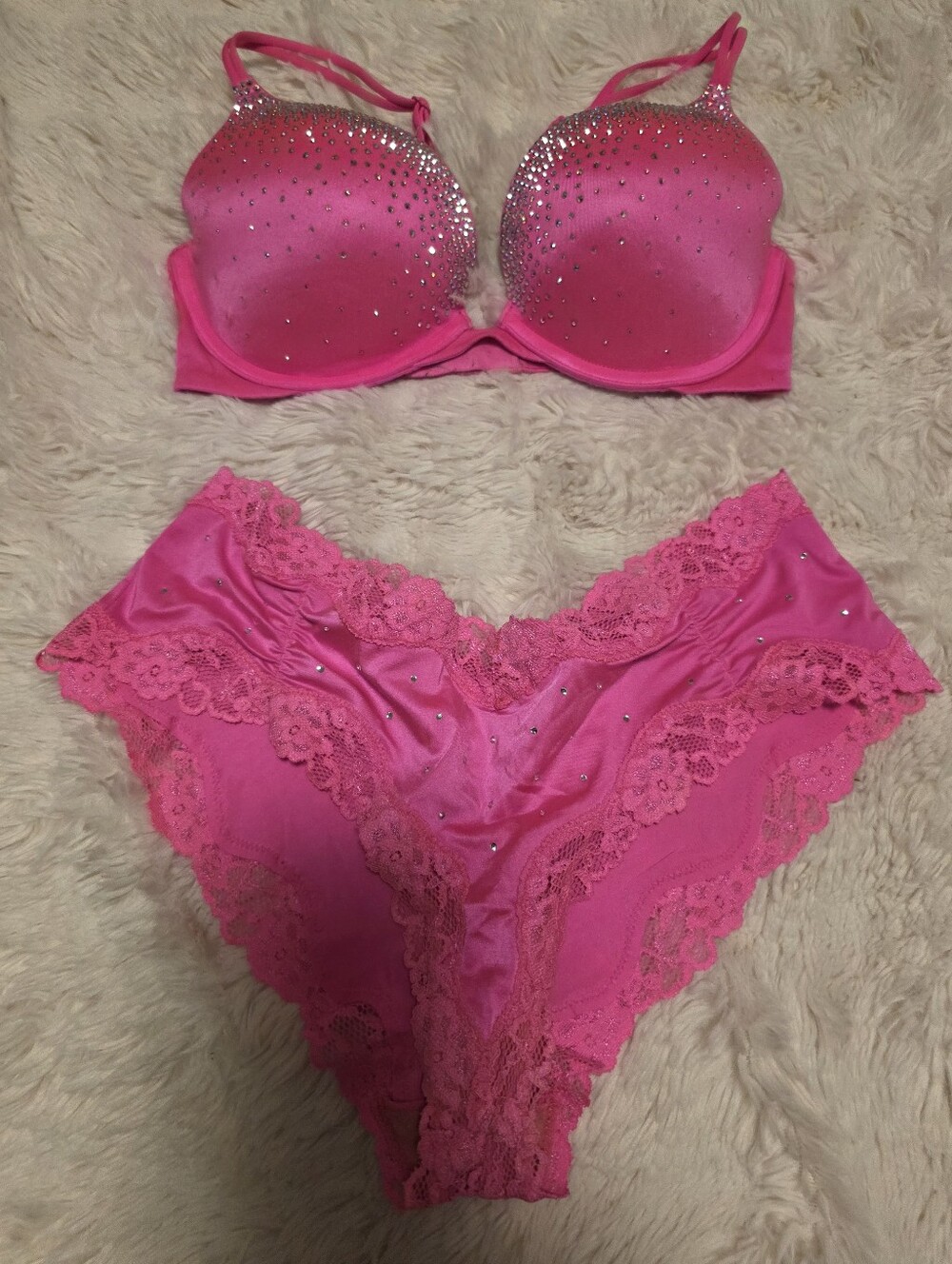 Victoria's Secret Hot Pink Swarvoski Crystals Lace Bra & Panty Set